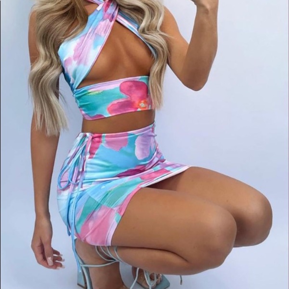 Halter Tie Dye Print Cutout Top and Skirt Set